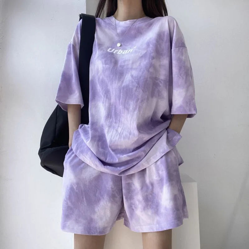 Stylish Women Casual Tie Dye T-Shirt and Wide Leg Shorts Set with Pockets Soft Loose Summer Outfit, perfect for warm days.