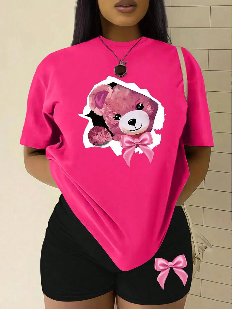 Soft, stylish Pink Bow Teddy Bear Cotton T-Shirt and Polyester Summer Shorts Set for Women, perfect for casual summer wear.