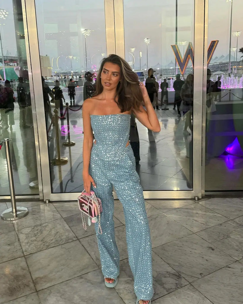 Sequins Denim Set Women Strapless Crop Top Wide Leg Pants