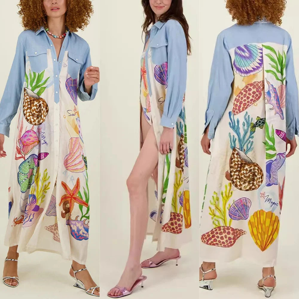 Personality Printed Long Sleeve Single Breasted Shirt with Lapel Collar and Skirt Set for Women, perfect for stylish elegance.