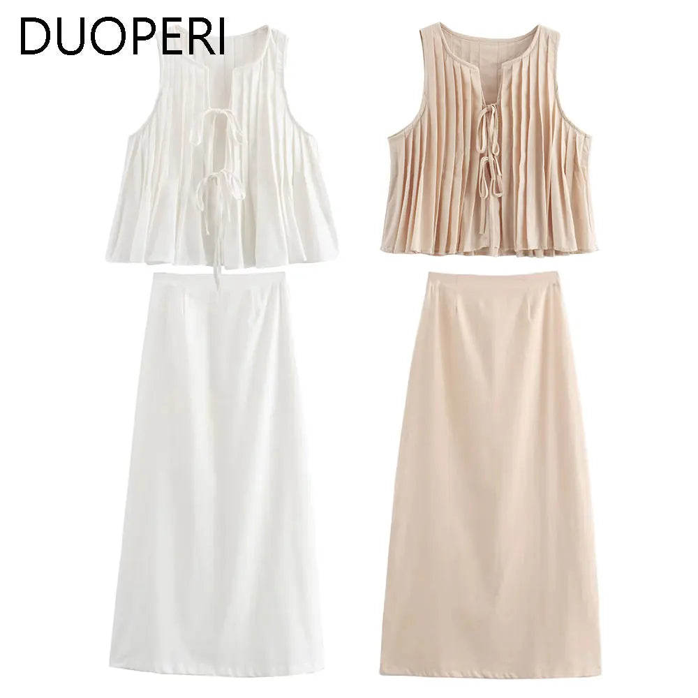 Women’s 2-Piece Fashion Set Solid Pleated Vest Top and High Waist Midi Skirt Chic Coordinated Outfit for Elegant Style