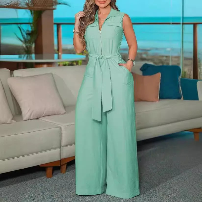 Stylish Sleeveless Wide Leg Jumpsuit for Women with Belted Waist, perfect for summer commute and office casual wear.