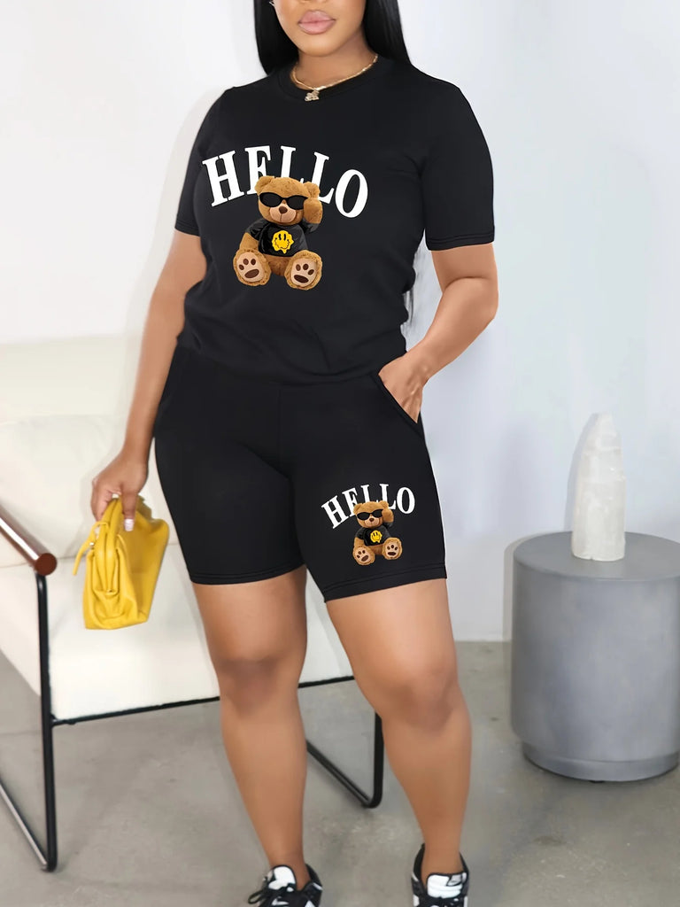 Stylish Women’s Summer Casual Loose Fit Large Size Teddy Bear Cartoon Print Round Neck Short Sleeve T-Shirt and Shorts Two-Piece Set.