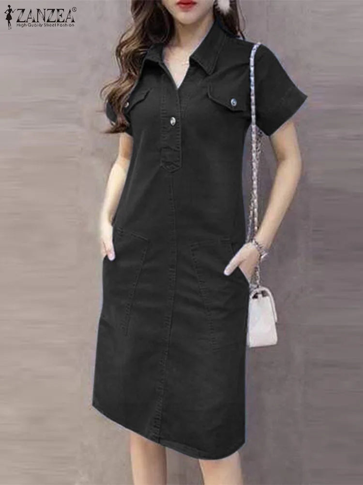 Denim Blue Lapel Neck Sundress for Women with Pockets