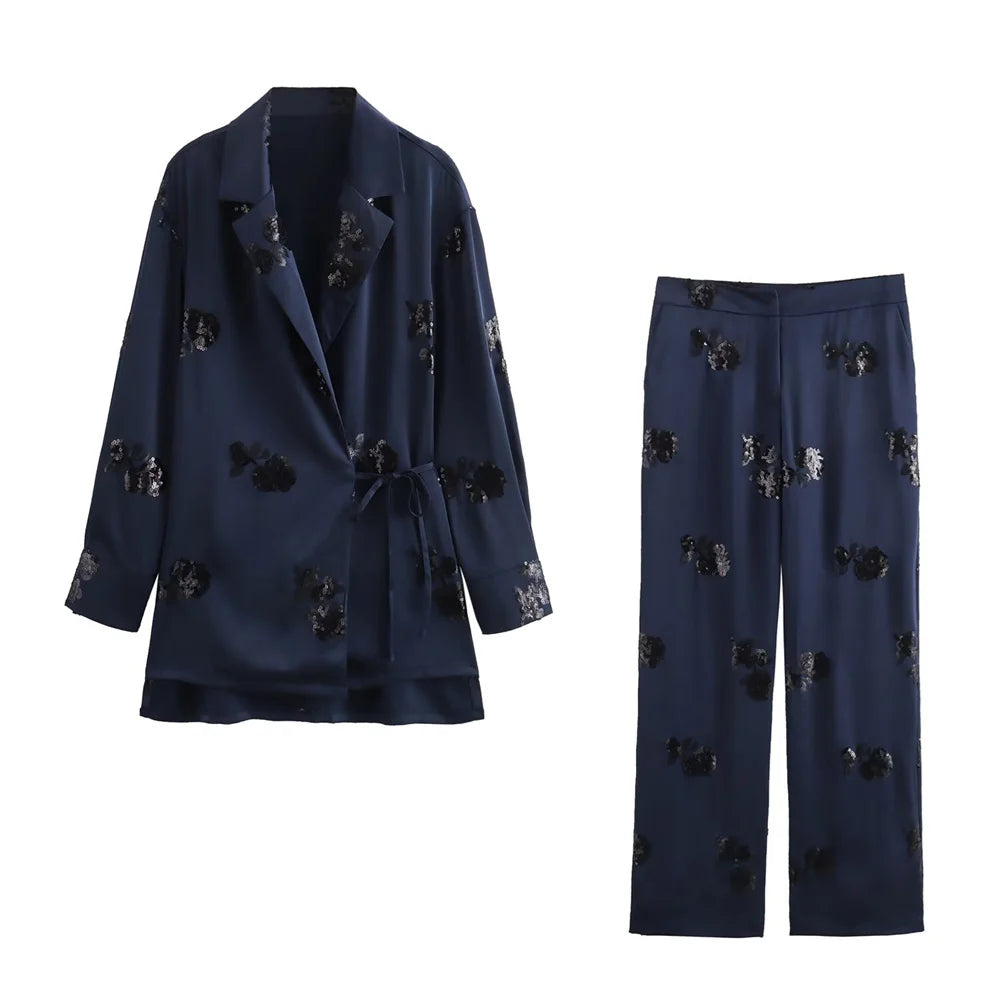Sequin Lace Up Kimono Coat Beaded Silk Pants Set Two Piece