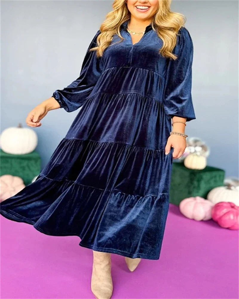 Velvet V Neck Maxi Dress With Ruffle Hem For Women Chic
