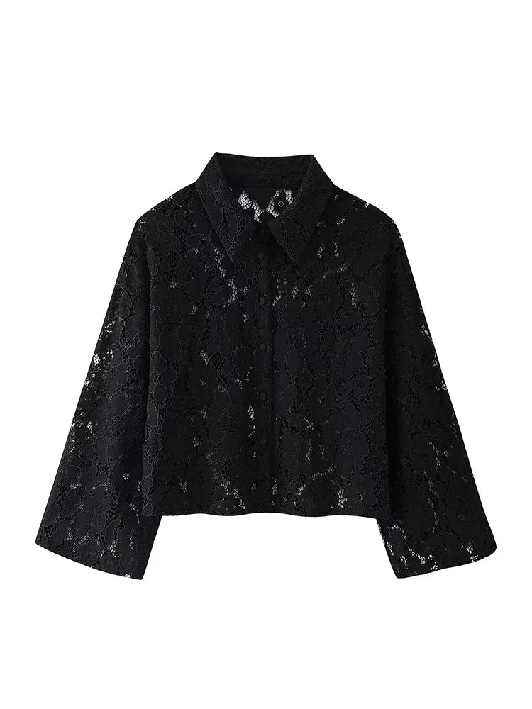 Stylish Black Lace Embroidered Short Shirt with Long Sleeves, perfect for elegant autumn and winter fashion.