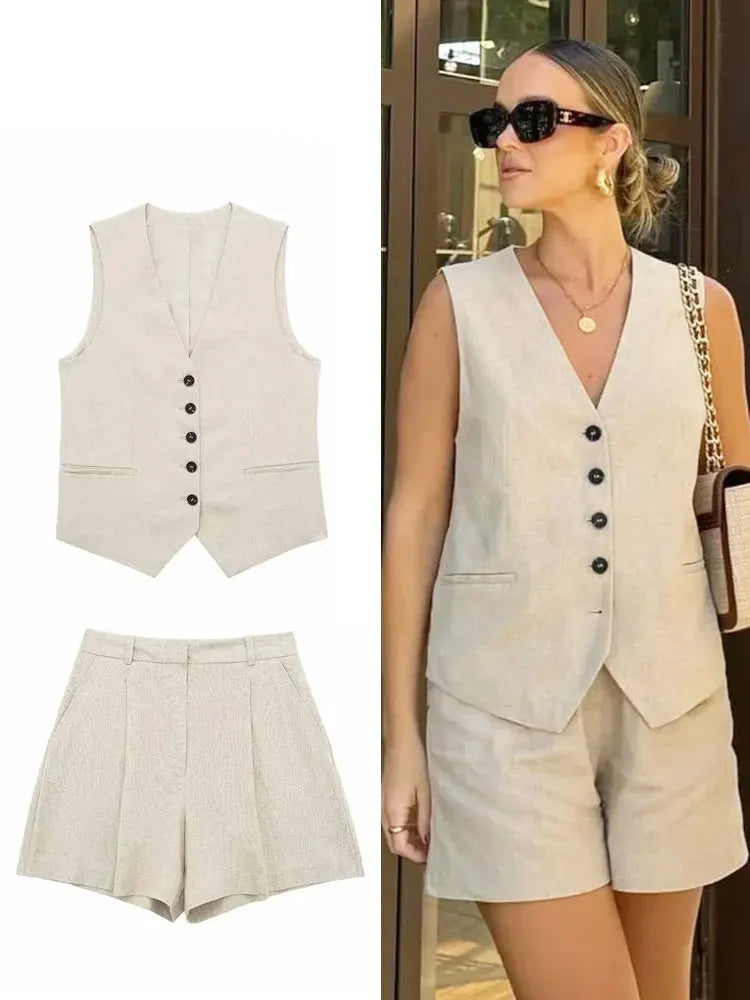 Chic TRAFZA Women Linen Vest and Shorts Set V Neck Single Breasted, perfect for casual summer office wear.