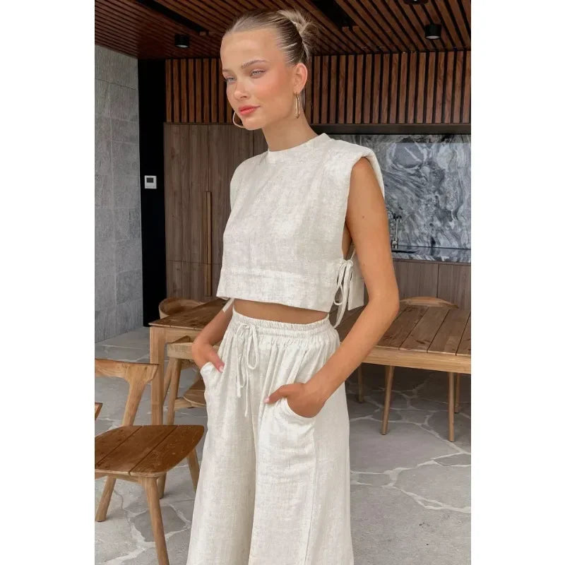 Cotton Linen Two Piece Pants Set For Women With Lace Up Crop Top And Elastic Waist Loose Fit Summer Vacation Outfit