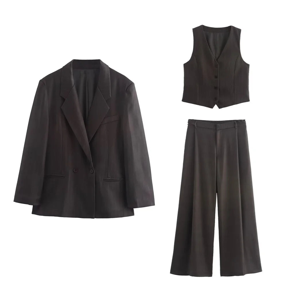 Stylish Taop&Za Autumn Women's Fashion Striped Loose Suit Coat with Buckle Decoration and High Waist Striped Pants Set.