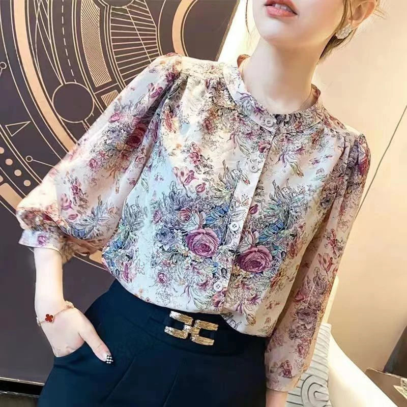 Stylish Vintage Elegant Women’s Chiffon O-Neck Lantern Sleeve Printed Blouse Slim Fit Casual Office Shirt for chic outfits.