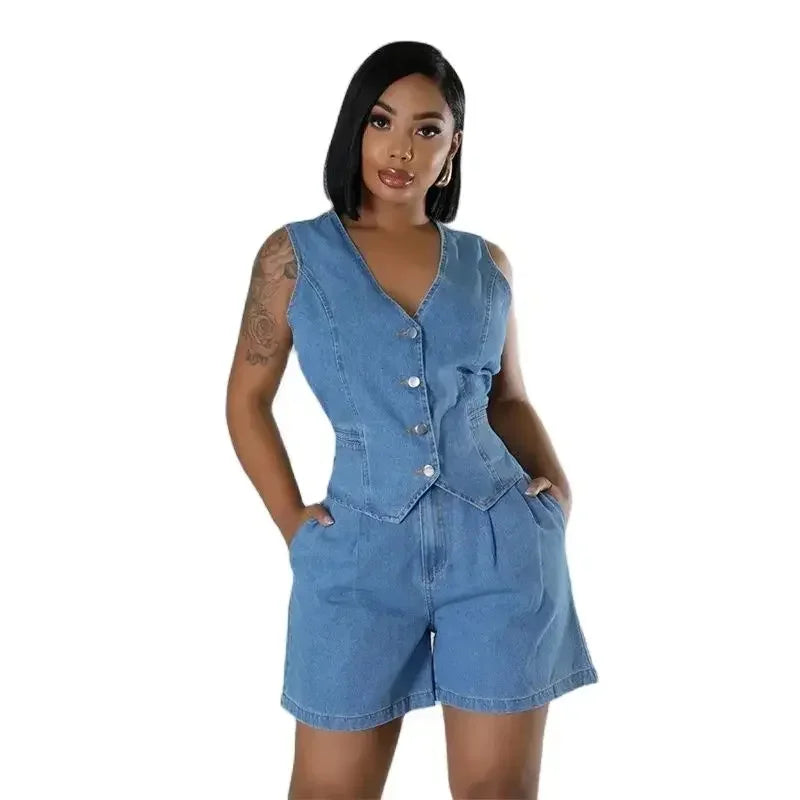 Stylish Women’s Summer V Neck Sleeveless Waistcoat Two Piece Set with Straight Denim Shorts for casual elegance.