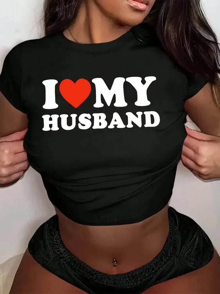 Cropped I Love My Husband Print Crew Neck T-Shirt for Women Short Sleeve Summer Crop Top