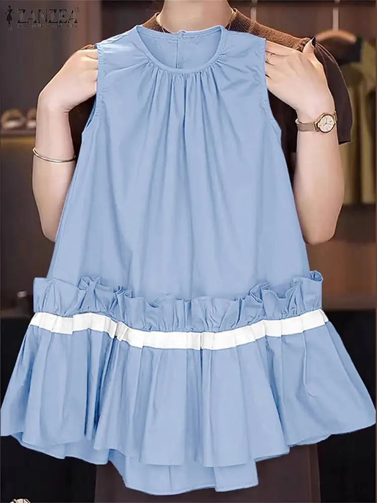 Women Sleeveless Sundress Solid Color Mini Dress Ruffles