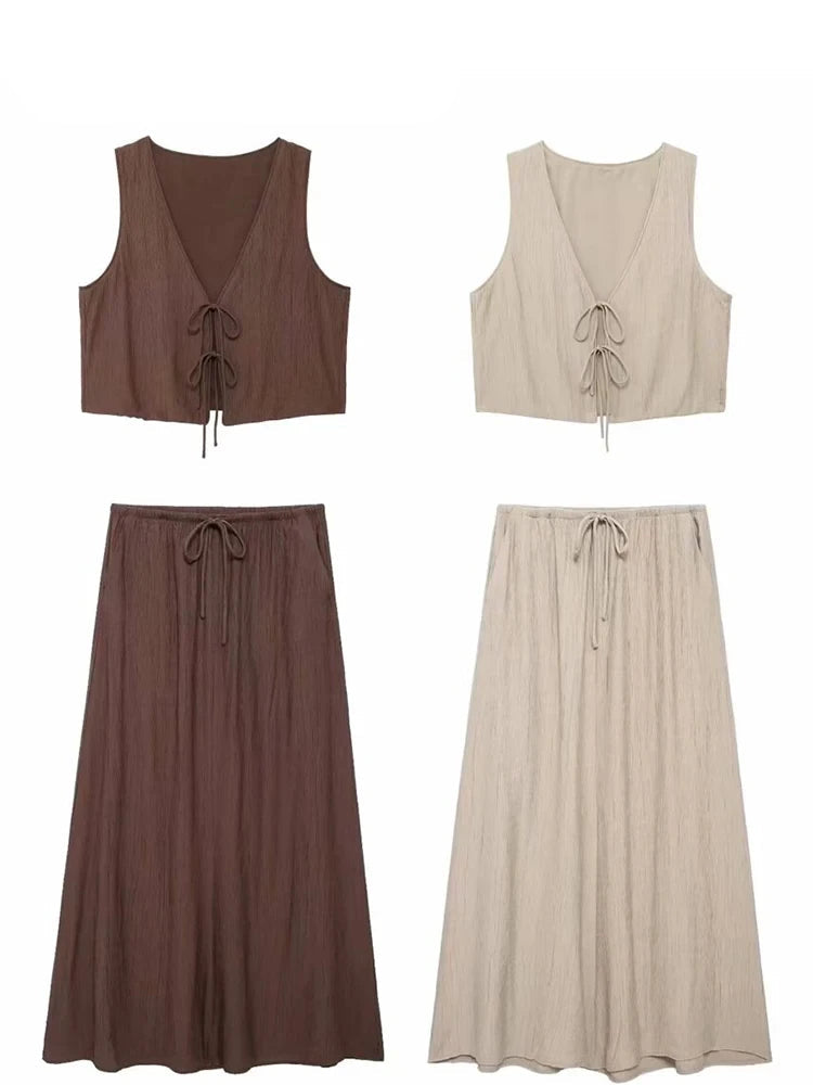 Women’s Sleeveless V-Neck Lace-Up Cardigan Vest with Drawstring Pocket Casual Loose Skirt Two-Piece Set