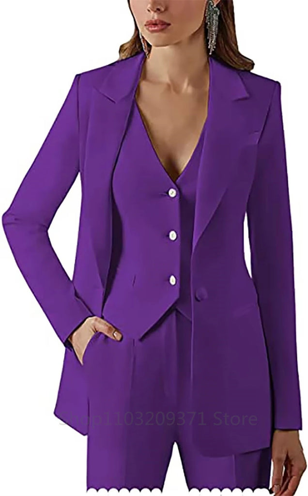 Elegant Women's Three Piece Black Suit Set with Custom Tailored Designer Cotton Coat, Stylish Vest, and Tailored Pants for formal events.