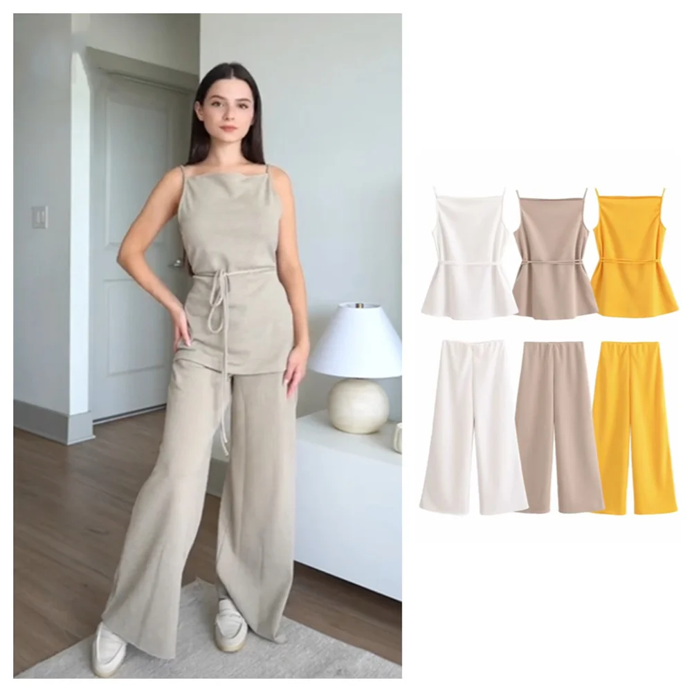 Sleek Slim Fit Sleeveless Camisole Top with Straight Leg Wide Leg Pants Set for Women, perfect for stylish comfort.