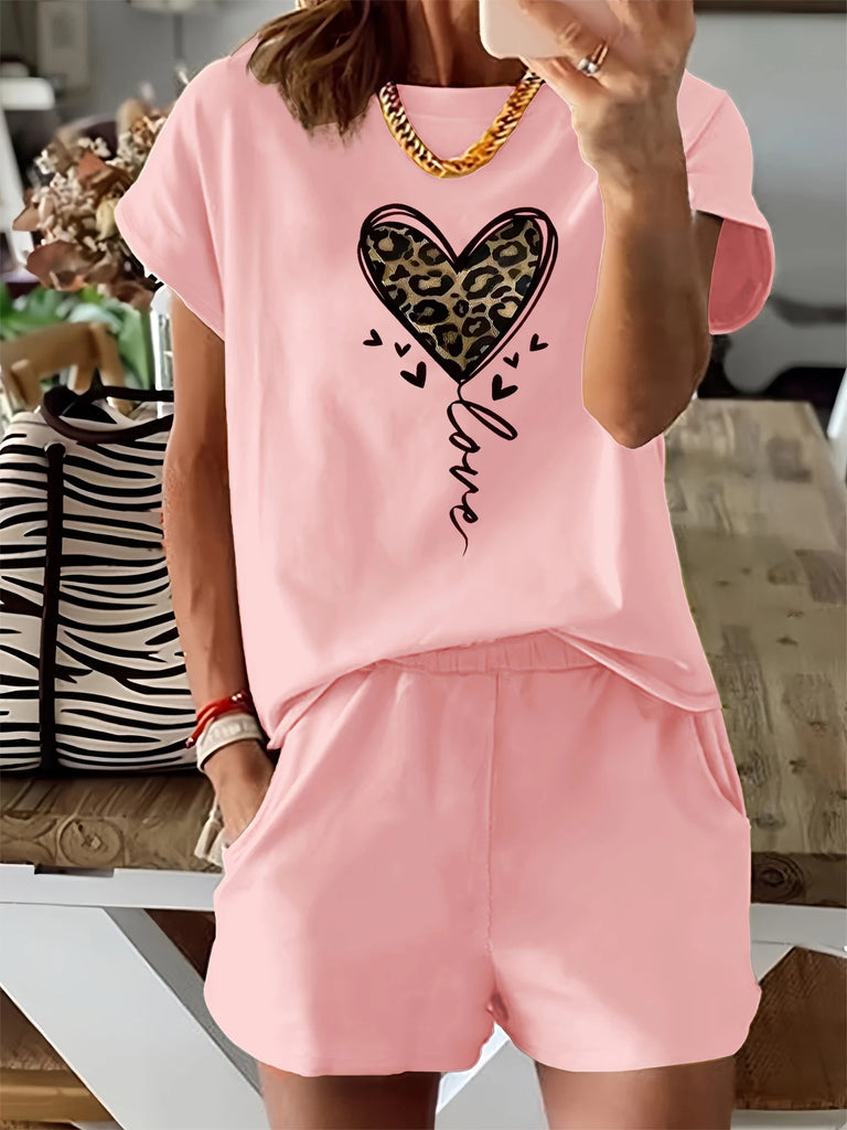Stylish Summer Women’s Casual Two-Piece Set Leopard Print Heart Graphic Loose Fit Round Neck Short Sleeve T-Shirt and Shorts Lounge Wear, perfect for warm days.