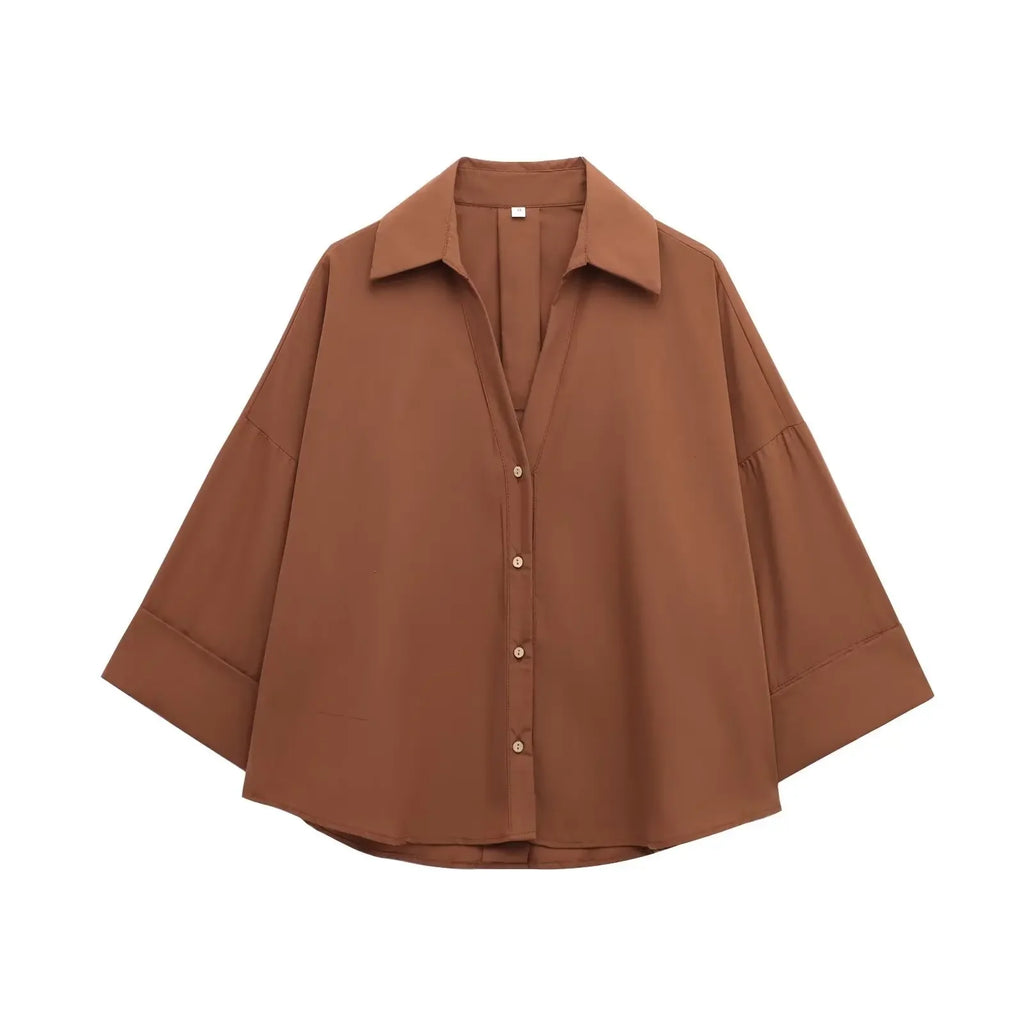 ZBZA Women's Wide-Sleeved Poplin Shirt with Lapel Collar Long Sleeve Single-Breasted Loose Hem Casual Chic Top for Spring and Summer in brown.