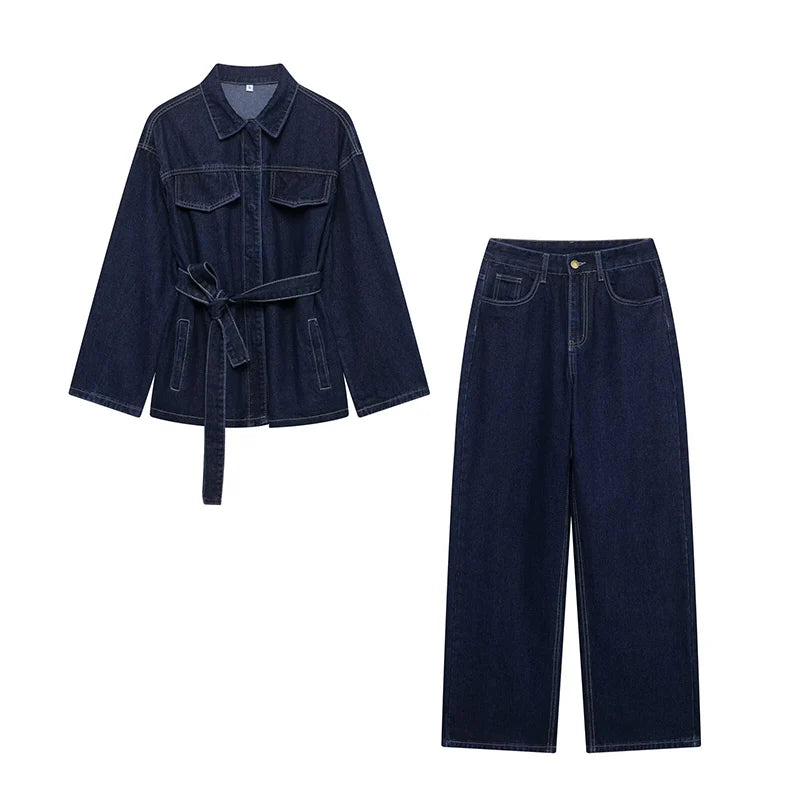 Women’s Chic Denim Two-Piece Set with Belted Jacket and Vintage Front Zipper Trousers Stylish Casual Pants Outfit