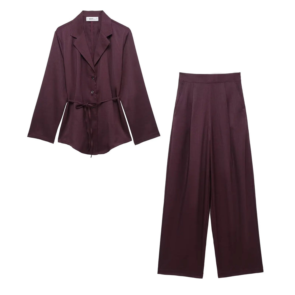 Stylish Women’s Spring Two Piece Suit Set with Loose Fit Blazer and Wide Leg Pleated Trousers for a chic look by HipSeam.
