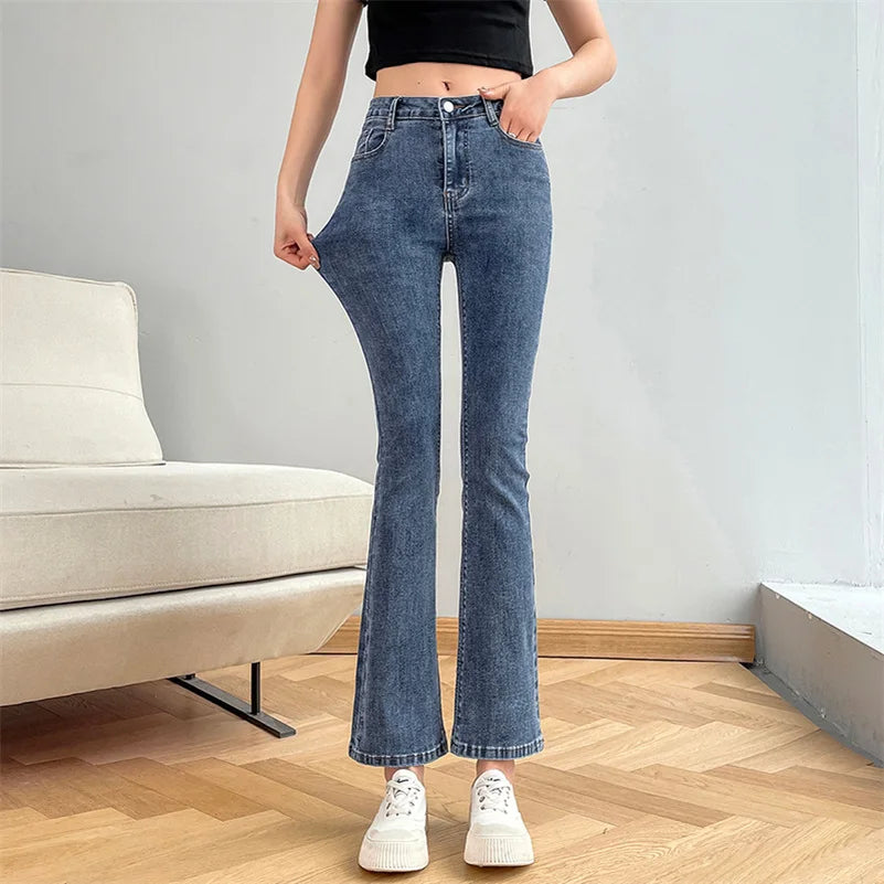 Women Y2K Flare Jeans Denim Ankle Length Streetwear Blue