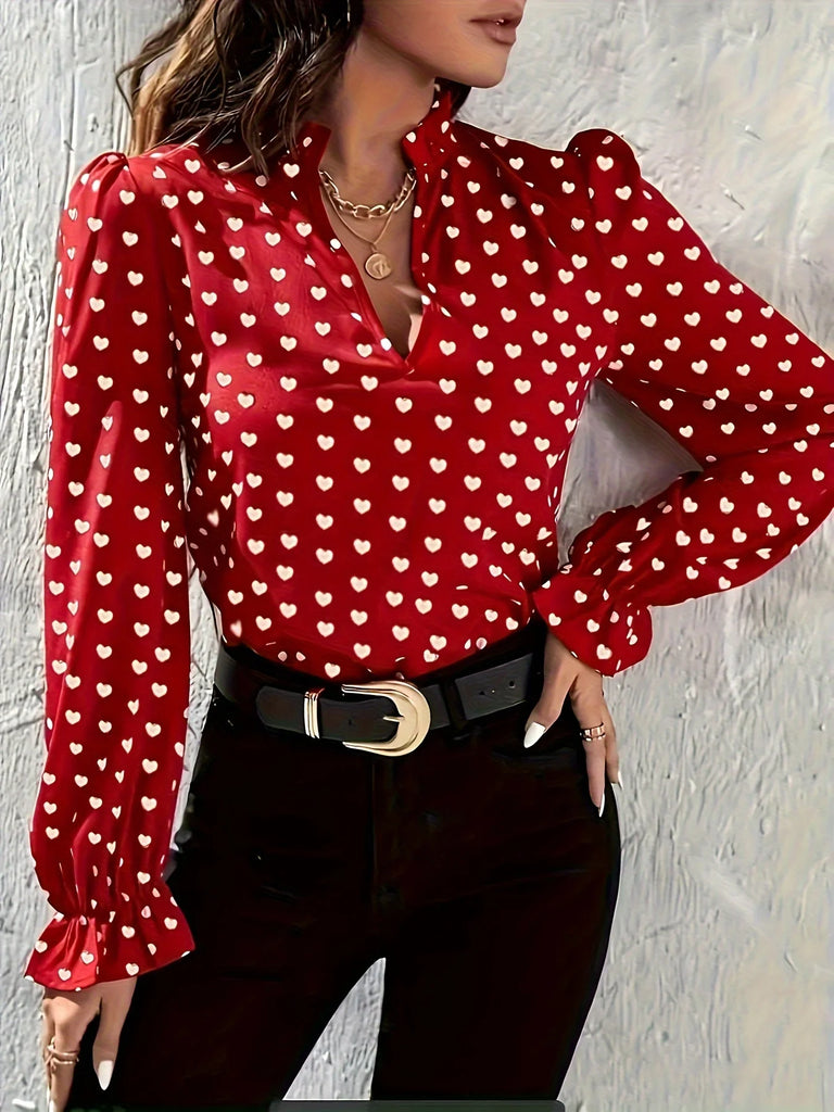 Stylish Women’s Slim Fit Stand-Up Collar Shirt with Heart-Shaped Print, perfect for Spring and Summer daily wear.