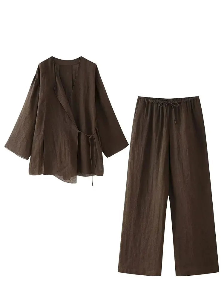 Stylish Pajama Style Pants Set for Women with Kimono Lace Up Shirt and Elastic Waist Trousers for casual comfort.