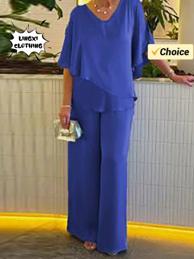 Women's Summer Solid Color V Neck Irregular Top With High Waist Wide Leg Pants Two Piece Set