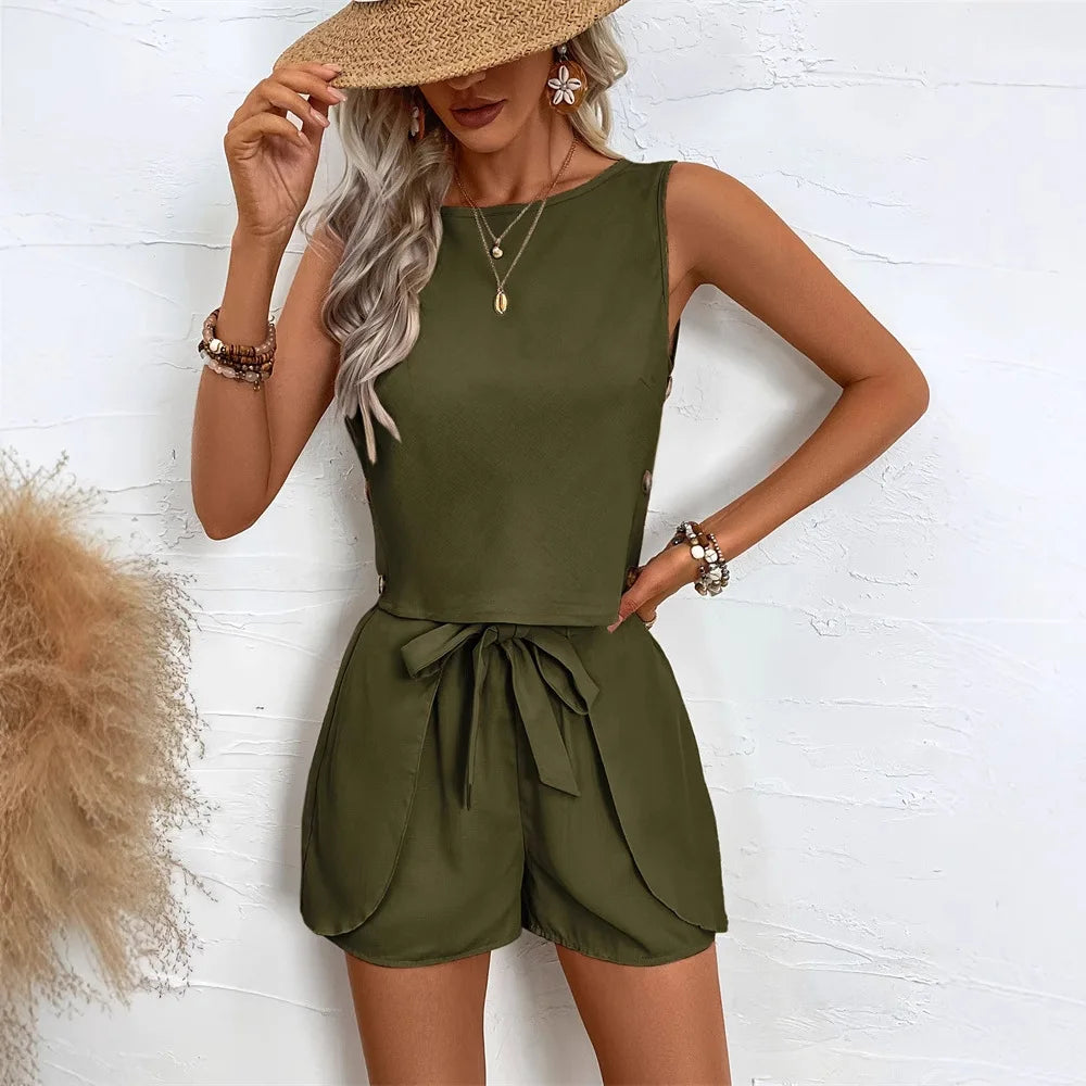 Stylish Women Sleeveless Two Piece Set Casual Button Front Shirt and Pocketed Shorts Summer Outfit for Women in olive.