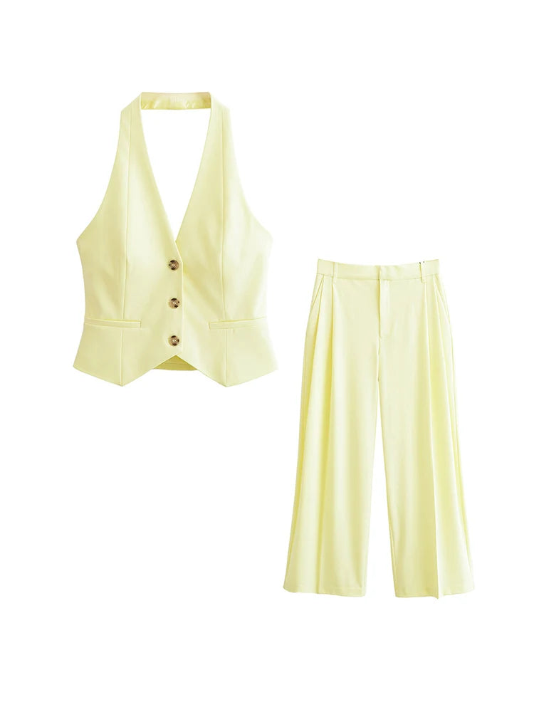 Women Summer Two-Piece Set Solid Halter Camisole Top and Elegant Trousers Casual Streetwear Matching Outfit