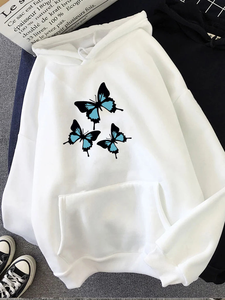 Butterfly Print Women Hoodie Fleece Sweatshirt Warm Winter