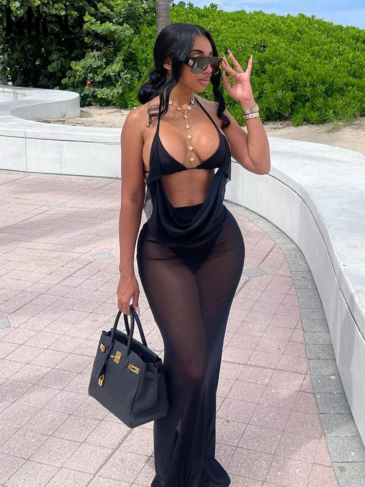 Mesh Halter Neck Two Piece Set For Women Sheer Swinging Crop Top With Solid Long Skirt Sexy Summer Midnight Outfit