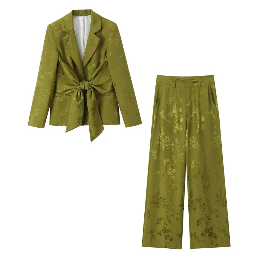 Versatile Women's Jacquard Suit Coat with Bow Decoration and High Waist Straight Leg Pants in an elegant green design.