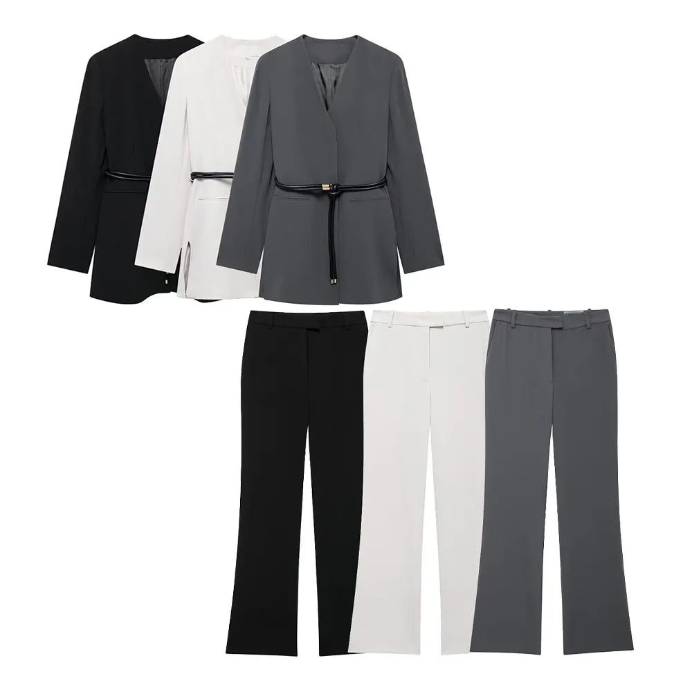 Women's Autumn Blazer And Pants Set With Belt Detail, Zipper Jacket, Long Sleeve And Straight Leg Trousers