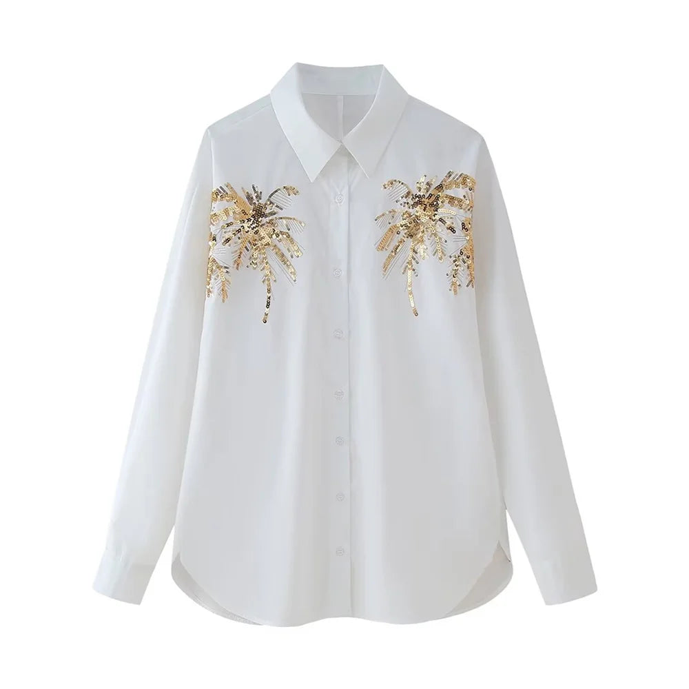 Casual Women's Long Sleeve Shirt Top with Bead Embroidery Loose Fit Relaxed Stylish Versatile Fashion Blouse in white.