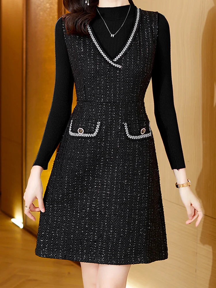 Women Tweed Sweater Vest Dress Two Piece Set For Office