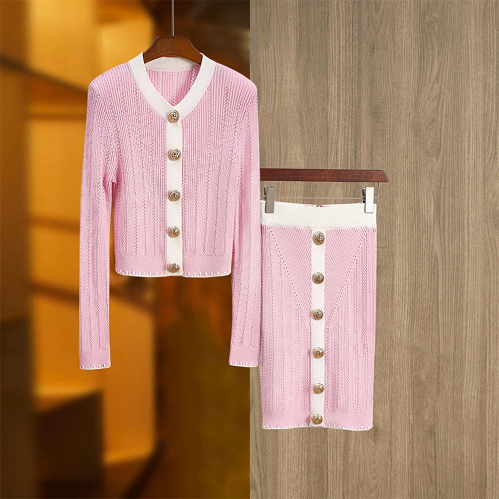 Spring Pink Knit Two Piece Sweater And Skirt Set For Women