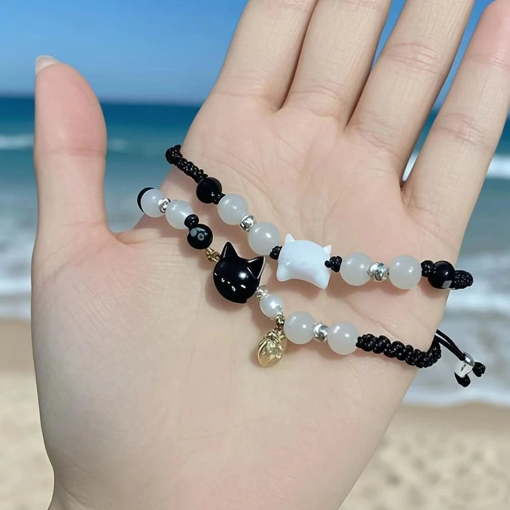 Natural Moonstone Obsidian Couple Bracelets Handmade Minimalist Cat Design Party Jewelry Gifts, perfect for couples.