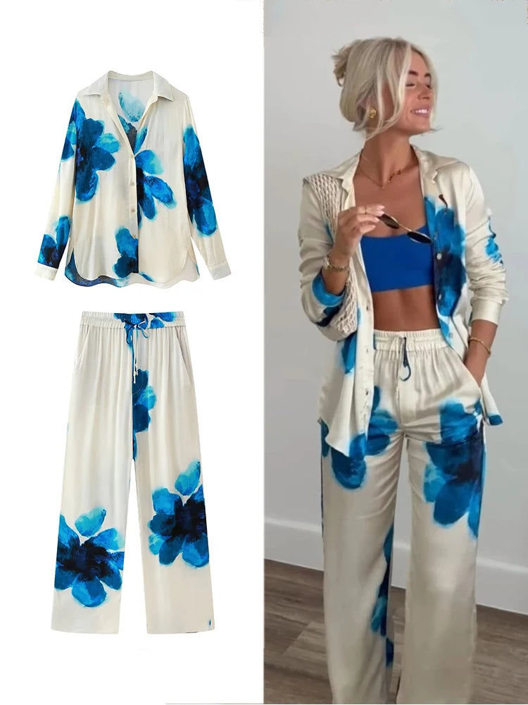 Stylish Women's Vintage Printed Satin Suit with Loose Lapel Single Button Shirt and High Waisted Wide Leg Pants in blue floral.