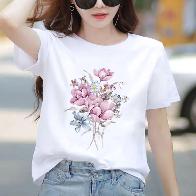 Women’s Cute Floral Graphic T-Shirt Casual Short Sleeve Tee 90s Trendy Print Top