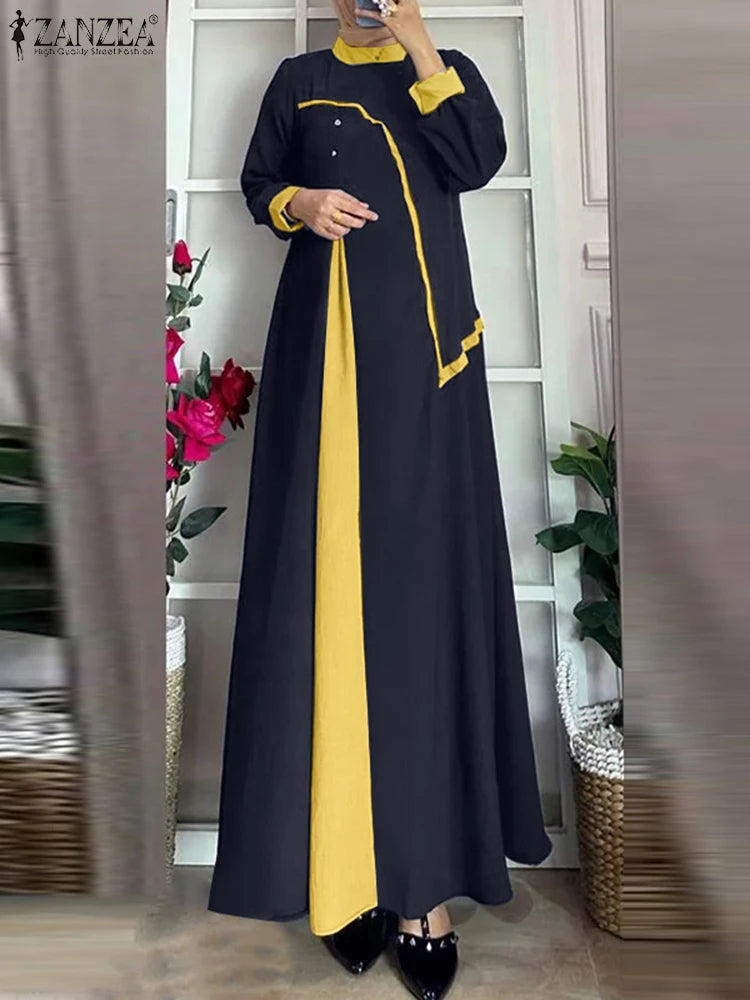Patchwork Maxi Abaya Kaftan Dress for Women with Long Sleeves