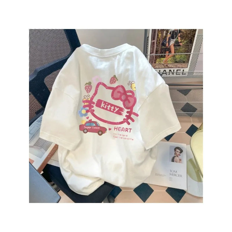 Japanese Cute Kitty Cat T-Shirt for Women O-Neck Short Sleeve Casual Top