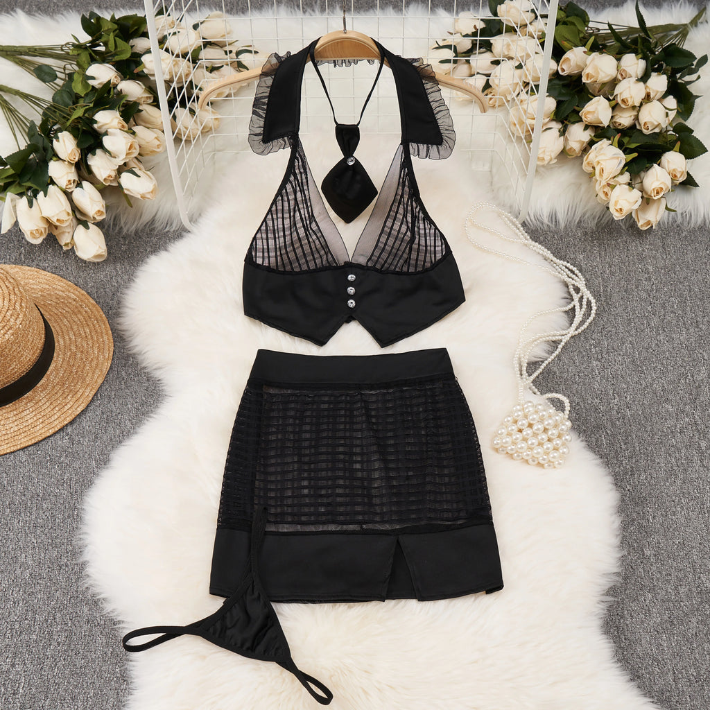 French Sensual Lingerie Set 4 Piece Cosplay Bow Tie V Neck