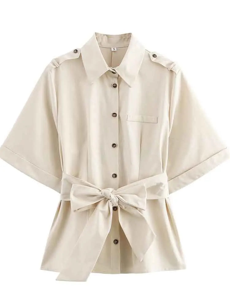 Versatile Women’s Slim Fit Short Sleeve Lapel Shirt with Decorative Belt Strap and Curling Detail in chic neutral tone.