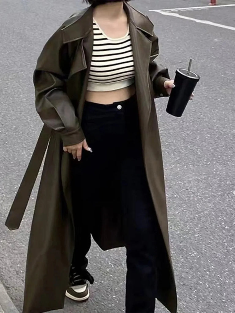 Long Leather Jacket For Women Belted PU Coat Turn Collar