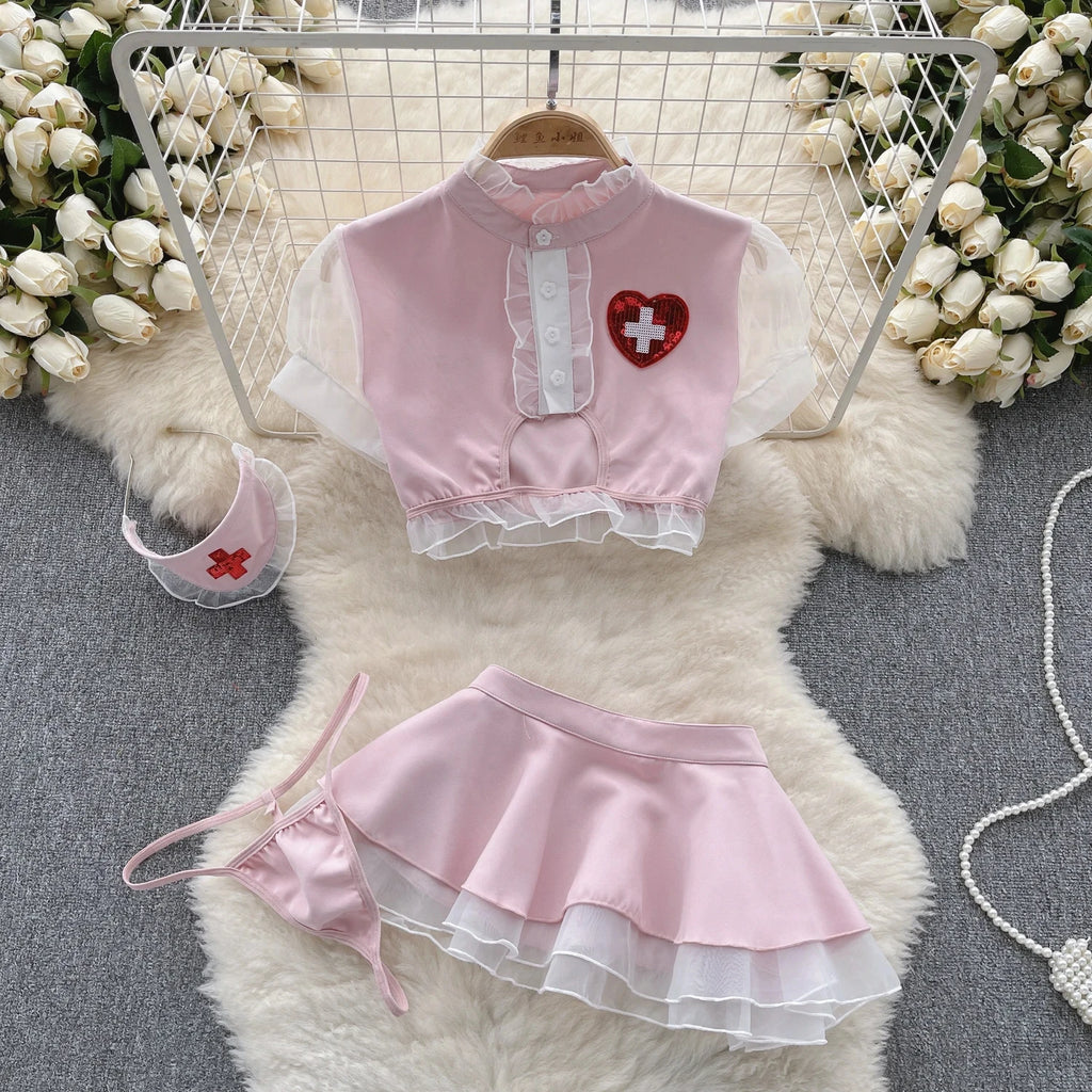 Sexy Two-Piece Cosplay Set with High Waist Hollow Ruffled Bubble Sleeve Crop Top and Sheer Layered Short Skirt