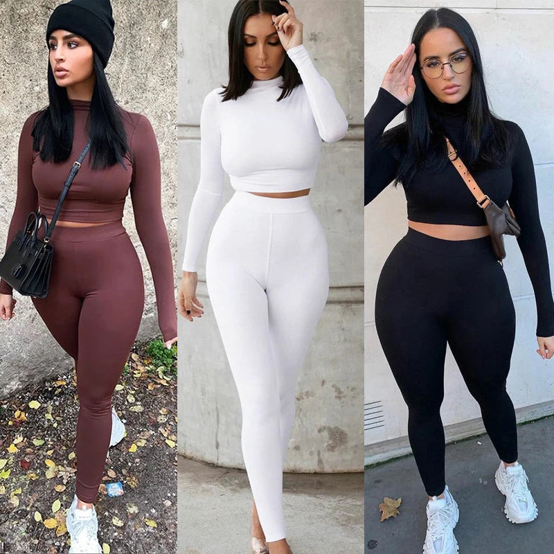 Stylish Women Two Piece Solid Autumn Tracksuit Set High Waist Stretchy Crop Top and Leggings, perfect for casual wear.