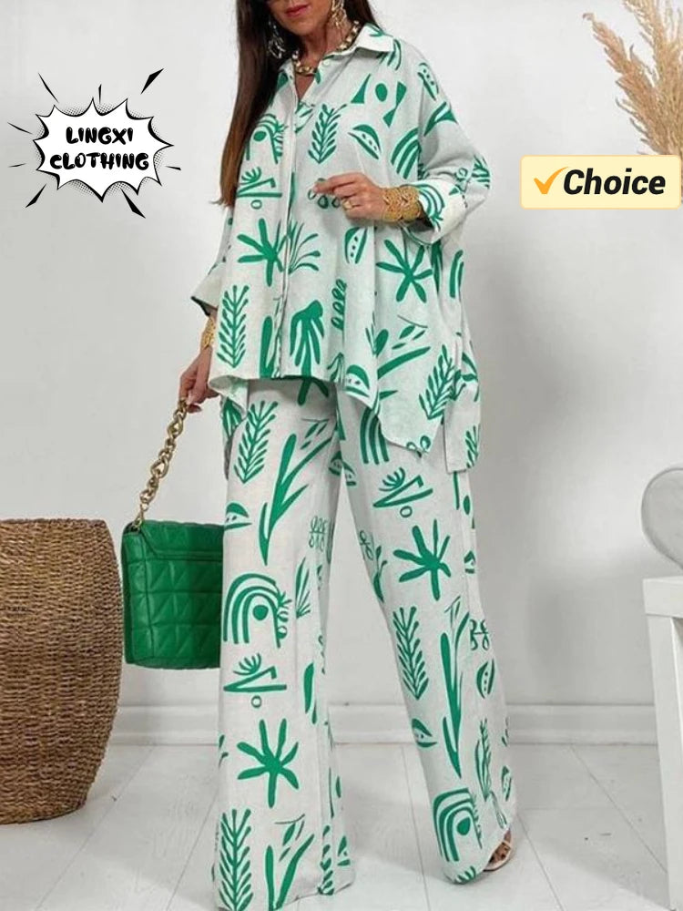 Women's Printed Two Piece Set with Flip Collar Top and Wide Leg Pants for Summer Elegant Outfit