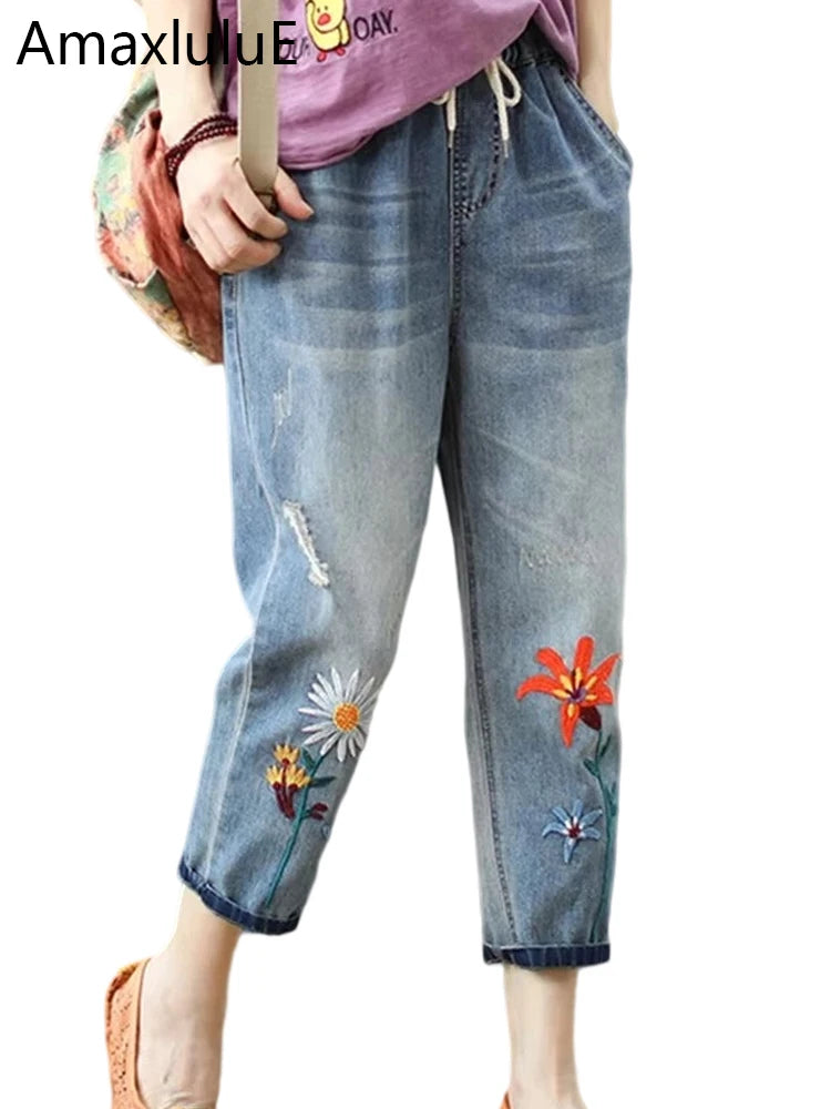 Floral Embroidered Jeans With Elastic Waist Denim Trousers